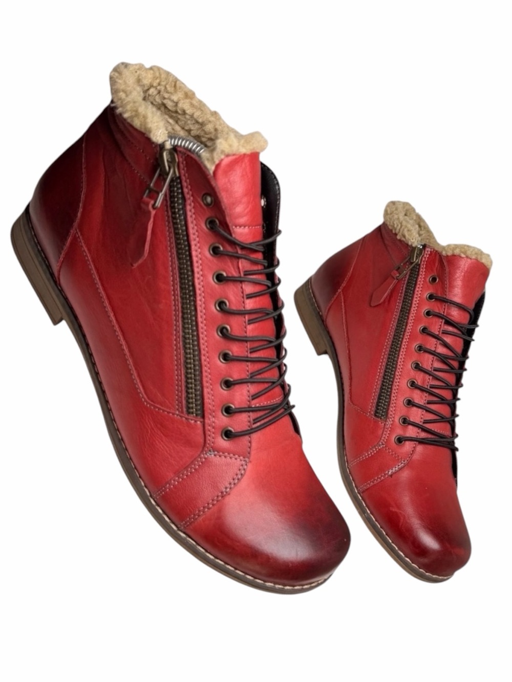 MaGo Red Leather Shearling Lined Combat Boots EU 41